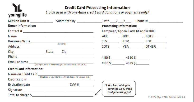 image of updated Young Life credit card processing form
